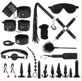 Bondage Leather and Faux Fur 10-Piece & 11-Piece Set for Adults - Alternative BDSM Play Handcuffs Restraints